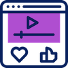 Un ícono púrpura con un corazón y un botón de reproducción.