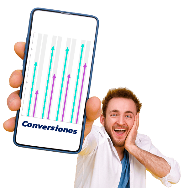 Un hombre sosteniendo un teléfono con la palabra conversiones.