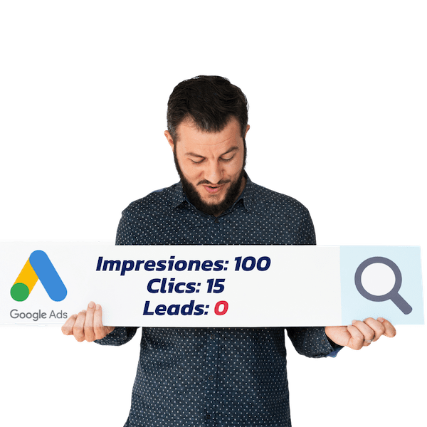 Un hombre sosteniendo un cartel publicitario impresiones 100 citas 5 leads para anuncios google y publicidad en google.