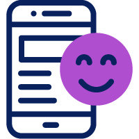 Emoji con una cara sonriente superpuesta a una ilustración de un teléfono móvil que muestra texto.