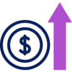 Ícono que representa un signo de dólar dentro de círculos concéntricos con una flecha rosa que apunta hacia arriba a la derecha, que simboliza el crecimiento o aumento financiero.