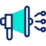 Ícono de un megáfono azul con ondas sonoras representadas por líneas, que indican amplificación o transmisión de sonido.