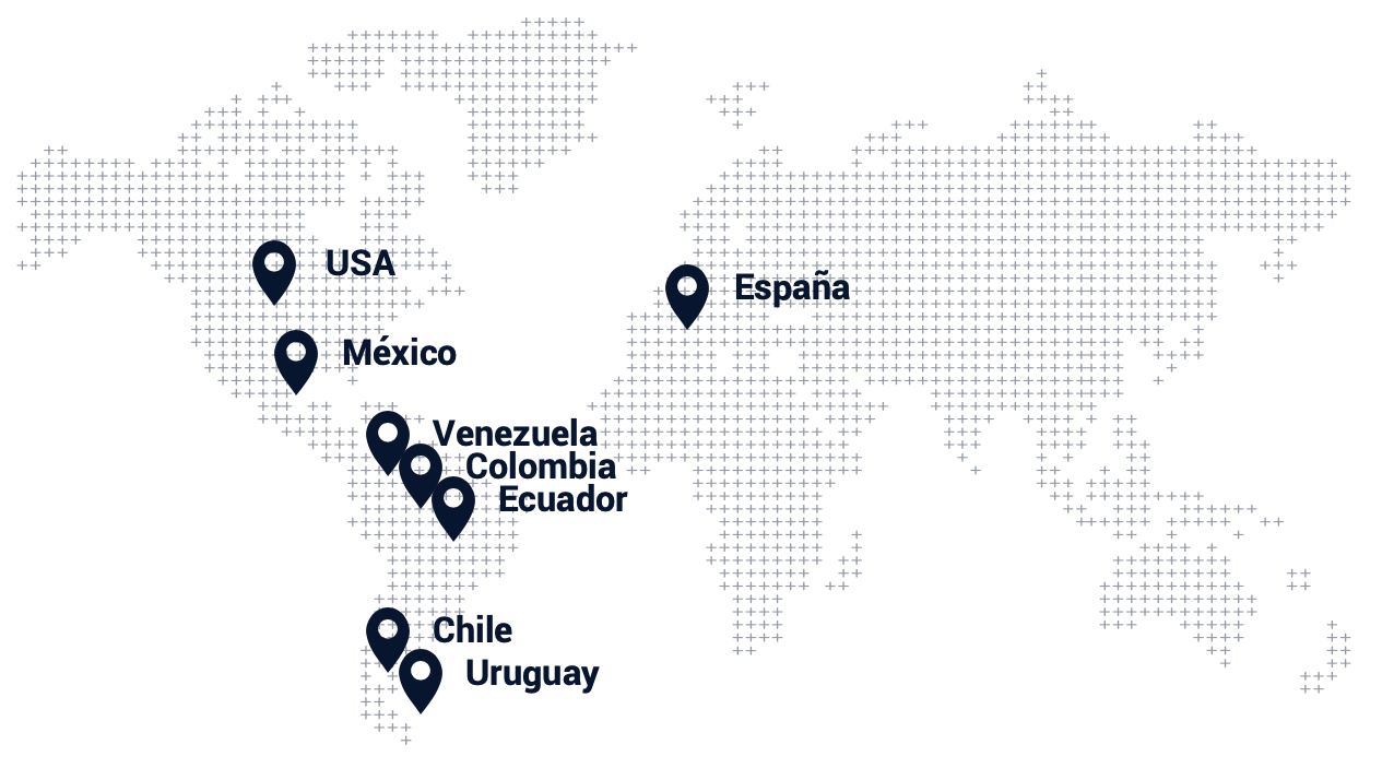 Mapa mundial punteado con marcadores de ubicación en varios países de habla hispana y EE. UU., etiquetados con sus nombres, proporcionado por una agencia de marketing.