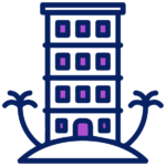 Ícono de un edificio alto de cuatro pisos con dos pequeñas palmeras a cada lado, ubicado sobre un montículo. El edificio tiene una puerta y múltiples ventanas, representadas con contornos azules y morados. Ideal para ilustrar anuncios de facebook o campañas de publicidad en Facebook, captura la esencia de la sofisticación urbana.