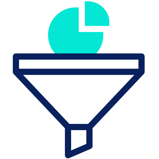 Sencillo gráfico de un embudo azul con un gráfico circular turquesa encima, que ilustra cómo funciona el filtrado de datos o la conversión en marketing educativo y facebook ads.
