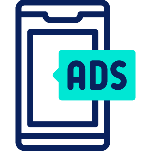 Contorno de un smartphone con una etiqueta rectangular que muestra "ADS" superpuesta a la pantalla, simbolizando la publicidad móvil como facebook ads o Publicidad en facebook.