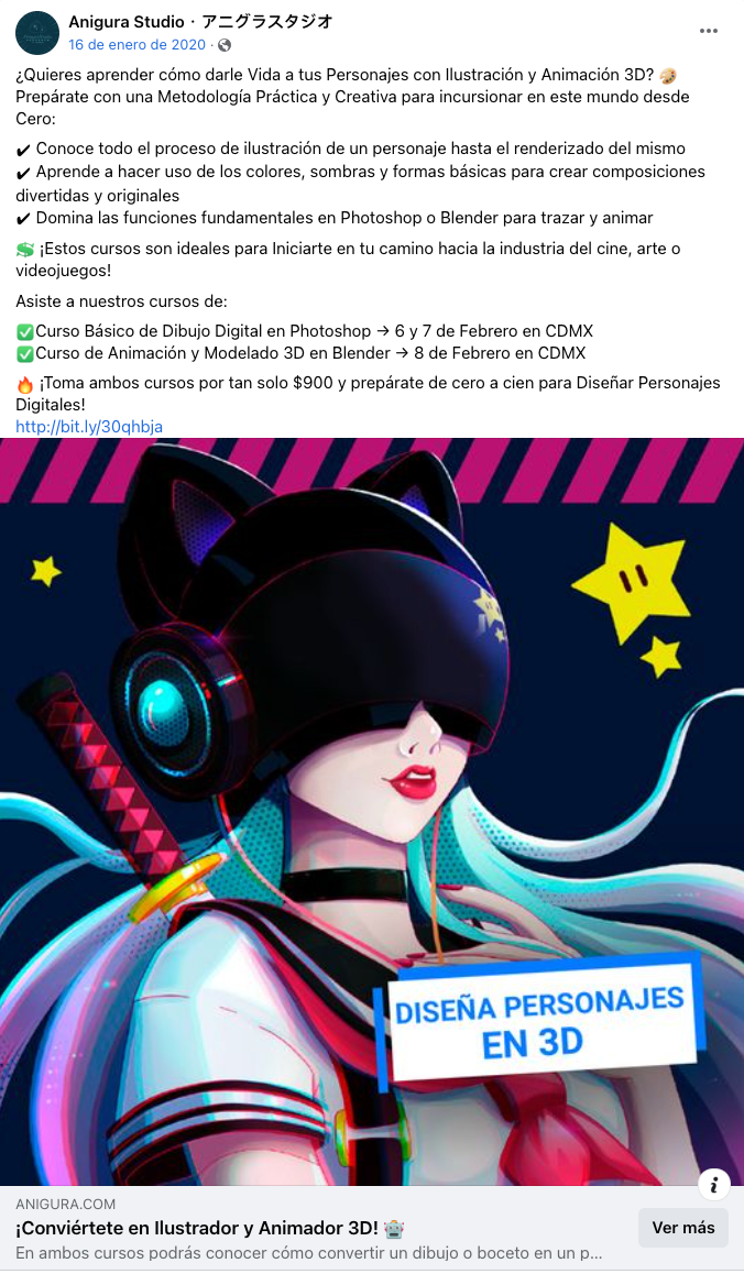 Gráfico promocional para un curso de diseño en 3D con un gato negro estilizado con gafas y auriculares, y texto en español sobre el aprendizaje de la ilustración y la animación digitales.
