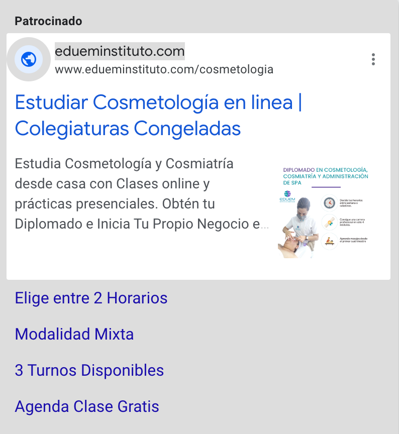 Captura de pantalla de un anuncio en línea para estudiar cosmetología y cosmetología, en el que se destacan los horarios flexibles, la modalidad mixta, los tres turnos y la primera clase gratuita.