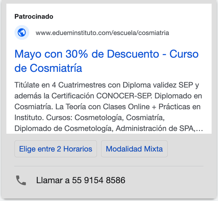 Anuncio de un curso de cosmetología que ofrece un descuento del 30% en mayo, con detalles sobre el diploma y la certificación, opciones de cursos y un número de teléfono de contacto.