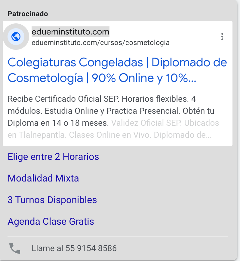 Anuncio de diploma de cosmetología online con matrícula congelada, horarios flexibles, modalidad mixta, tres turnos disponibles y clase de prueba gratuita. Se incluye número de contacto y página web.