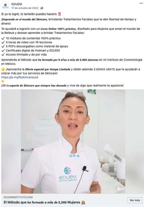 Post promocional en el que aparece una mujer con bata blanca de laboratorio presentando un curso de cuidado de la piel de EDUEM, con un texto en el que se detallan los beneficios y logros del curso.