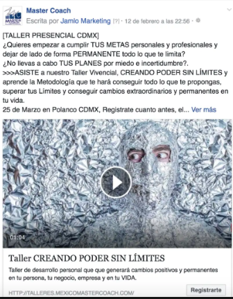 Publicación en Facebook que promociona un taller de desarrollo personal con una imagen de una persona que lleva una máscara hecha de fragmentos reflectantes, parcialmente cubiertos de plata, sobre un fondo de fragmentos similares.