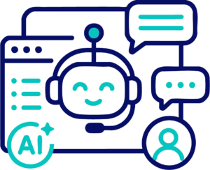Dibujo lineal de un chatbot sonriente con auriculares, burbujas de voz, icono de usuario y texto "AI", representando la comunicación por inteligencia artificial o la atención al cliente para Marketing Inmobiliario y facebook ads.