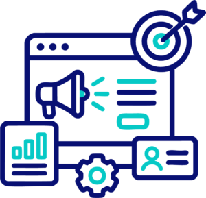 Line art illustration of a web page with a megaphone, bar chart, user profile, gear, and target with an arrow, representing digital marketing concepts like facebook ads and data analysis for Marketing Inmobiliario.