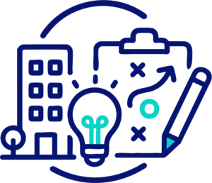 Iconos perfilados de un edificio, una bombilla, un portapapeles con un diagrama estratégico y un lápiz, que representan la planificación, la creatividad, la estrategia empresarial y el Marketing Inmobiliario para una Publicidad en Facebook eficaz.