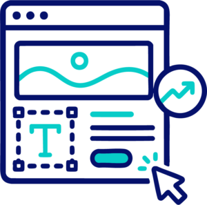 Ilustración de una página web con imagen, texto, botón, icono de gráfico ascendente y un cursor haciendo clic en el botón: perfecta para mostrar anuncios de Facebook o estrategias de Marketing Inmobiliario.