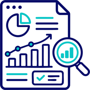 Ilustración de un informe con gráfico circular, gráfico de líneas y gráfico de barras, junto a una lupa que resalta un gráfico de barras, que simboliza el análisis y la revisión de datos para Marketing Inmobiliario o Publicidad en Facebook.