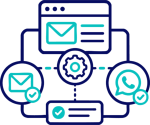 Diagrama que muestra iconos de correo electrónico, chat y navegador web conectados por líneas a un engranaje central, representando procesos de comunicación o automatización interconectados para Marketing Inmobiliario, como publicidad en Facebook y facebook ads.