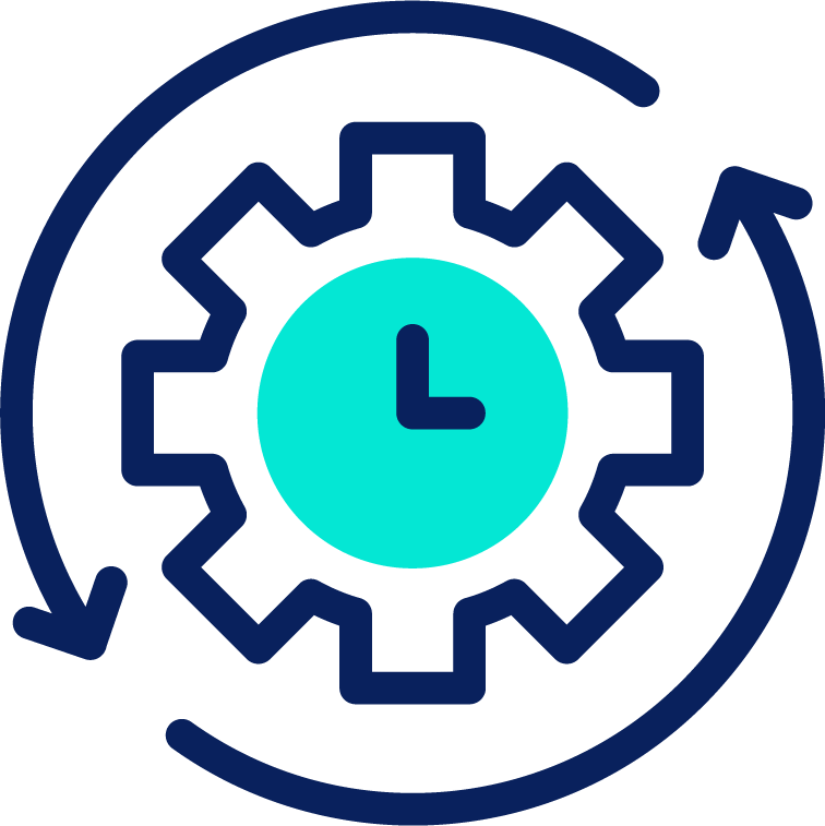 Engranaje azul con un reloj en el centro y dos flechas circulares, que simboliza la gestión del tiempo o la automatización de procesos para Marketing Inmobiliario u optimizar Publicidad en Facebook con estrategias efectivas de Facebook Ads.