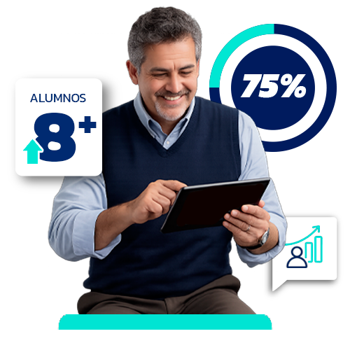 Hombre de mediana edad utilizando una tableta, con gráficos que muestran "8+ estudiantes", "75%" y un icono de crecimiento ascendente, lo que sugiere una mejora de los resultados de aprendizaje gracias a los anuncios de facebook.