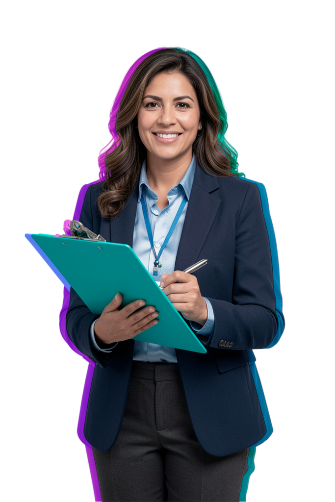 Mujer con americana azul sosteniendo un portapapeles turquesa y un bolígrafo, sonriendo y de pie sobre un fondo blanco con contornos de colores: perfecto para campañas de marketing inmobiliario o publicidad en Facebook.