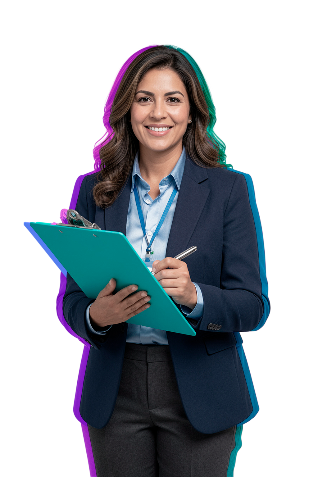 Mujer con americana azul sosteniendo un portapapeles turquesa y un bolígrafo, sonriendo y de pie sobre un fondo blanco con contornos de colores: perfecto para campañas de marketing inmobiliario o publicidad en Facebook.